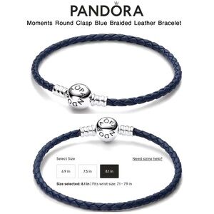 PANDORA Round Clasp Blue Braided Leather Bracelet (8.1” | fits 7.1”-7.9” wrist)
